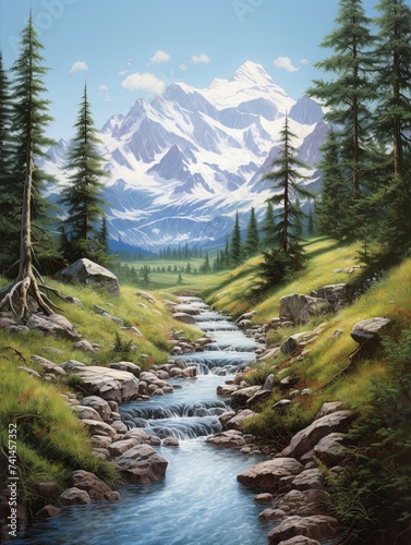 Snow-Capped Alpine Peaks: Tranquil Forest Stream Pathways Print