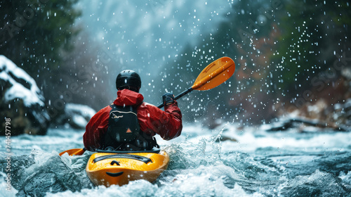 Man in kayak with paddle. Back view. Splashes of water of mountain river. Extreme kayak sport concept. Generative AI