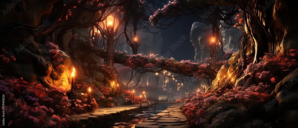 a path in the middle of a forest with flowers a path in the middle of a forest with flowers