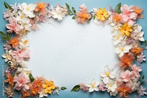 Colorful flowers on blue background with empty frame space for text. © stopabox