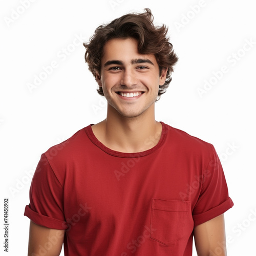Young happy man wearing red t-shirt isolated on white background