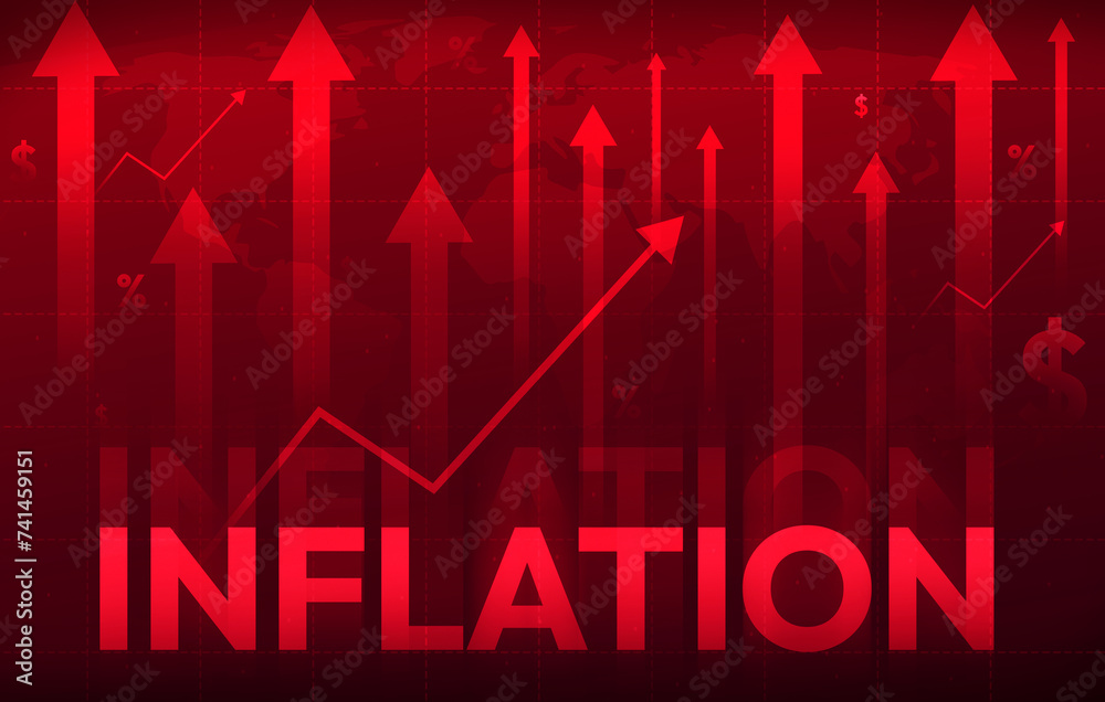 Fototapeta premium Modern Red Inflation Graph with Arrows going upword and glowing text. Increasing Inflation worldwide concept backdrop