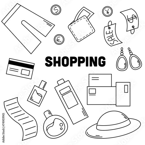 Black and white set of vector icons with various things on the theme of shopping. Clothes, money, coins, jewelry, skincare products, checks
