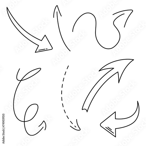 Black and white set of vector icons with various arrows and pointers. Direction, path, show, forward
