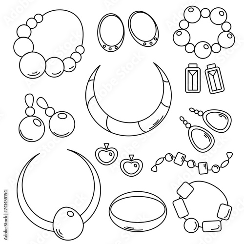 Black and white set of vector icons with various decorations. Earrings, bracelets, necklaces, pendants
