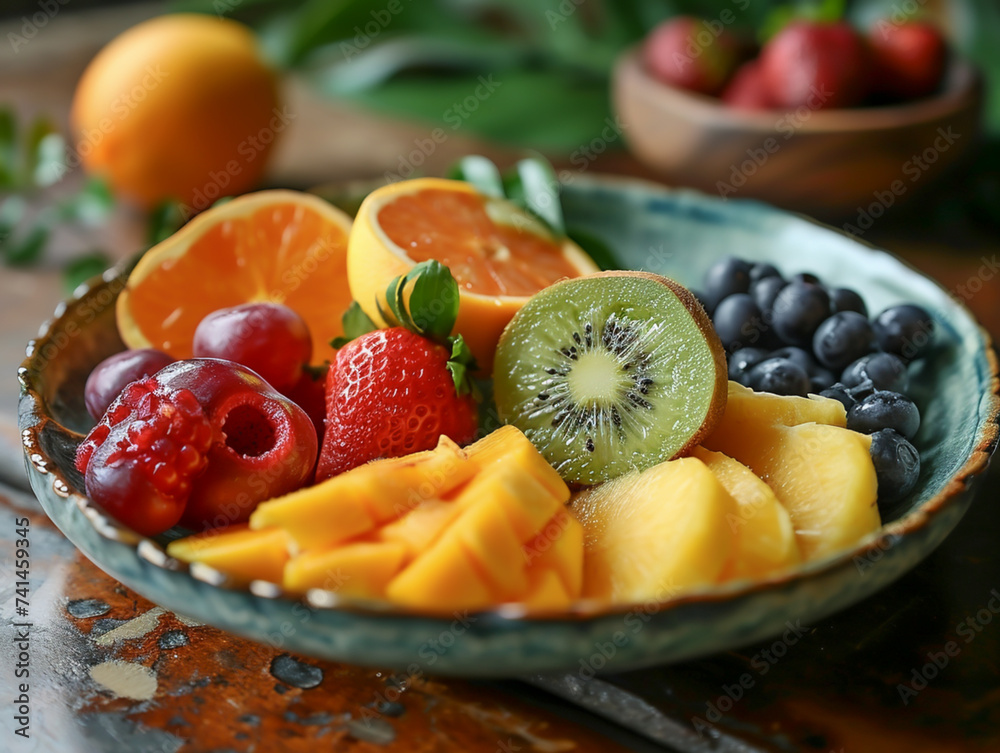 a bowl of fresh fruit on a wooden table,  Ai generated