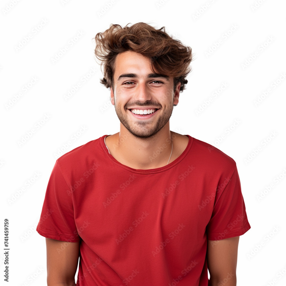 Fototapeta premium Portrait of smiling handsome man wearing red t-shirt isolated on white background