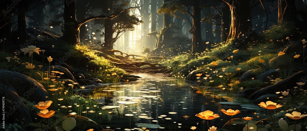 a painting of a stream in a forest with flowers a painting of a stream in a forest with flowers