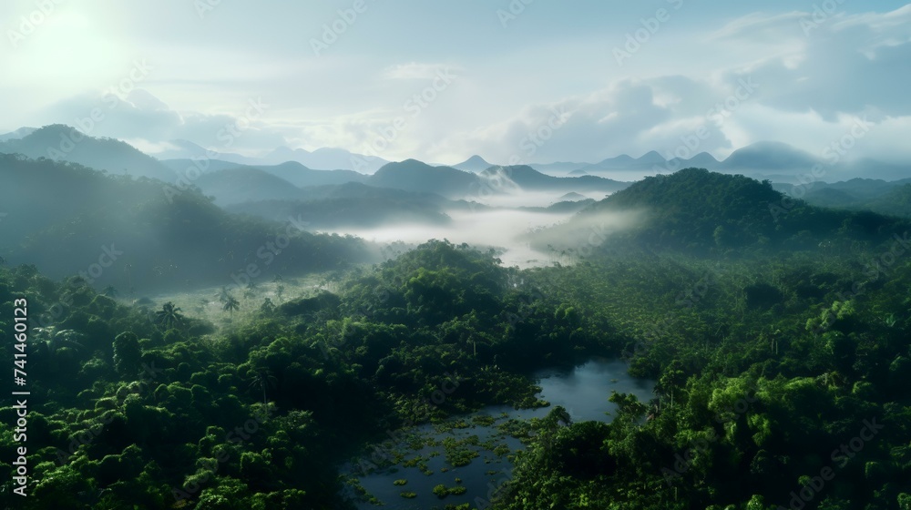 Lush and Misty Tropical Rainforest Morning