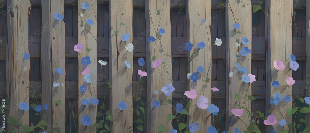 a many paper flowers hanging on a wooden fence