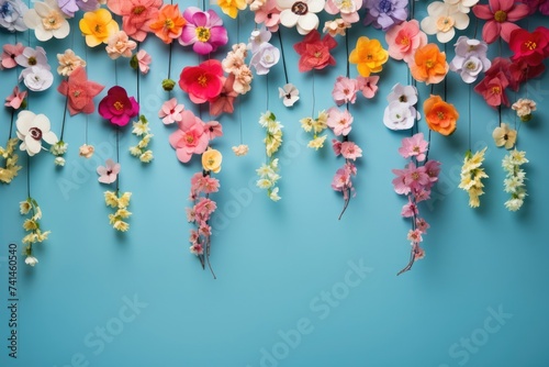Colorful flowers on blue background with empty frame space for text.