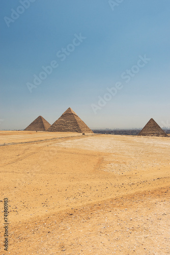 GIZA EGYPT - JUNE 12 2023  Giza pyramid complex includes three pyramid complexes known as Pyramid of Khufu Karfe and Menkaura and Egyptologists believe that they were built around 2560
