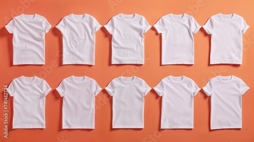 T shirts neatly folded viewed from above on a solid background pristine for cover use © BOMB8