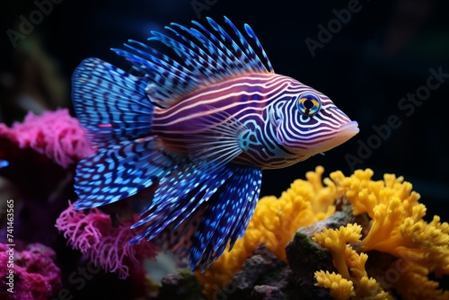 Beautiful purple blue sea fish live in an aquarium among various algae and corals.