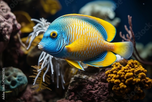 Beautiful yellow blue sea fish live in an aquarium among various algae and corals.