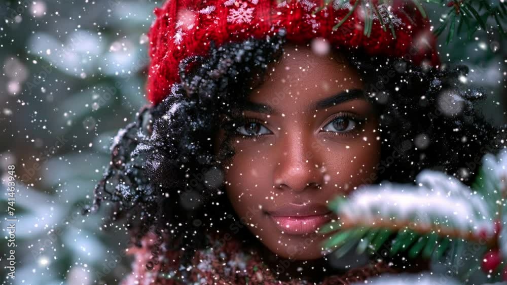 Black female wearing a Christmas red hat. Falling snowflakes. Black female wearing a Christmas red hat. Falling snowflakes.