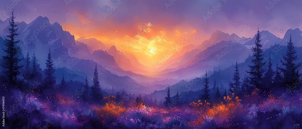 painting of a mountain landscape with a sunset in the background