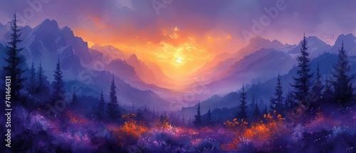 painting of a mountain landscape with a sunset in the background © Masum
