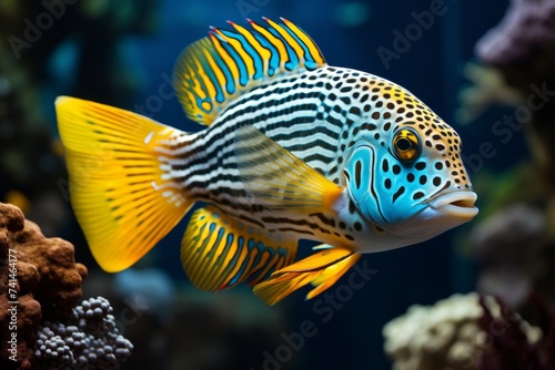 Vibrant blue yellow spotted sea fish among diverse algae and colorful corals in aquarium