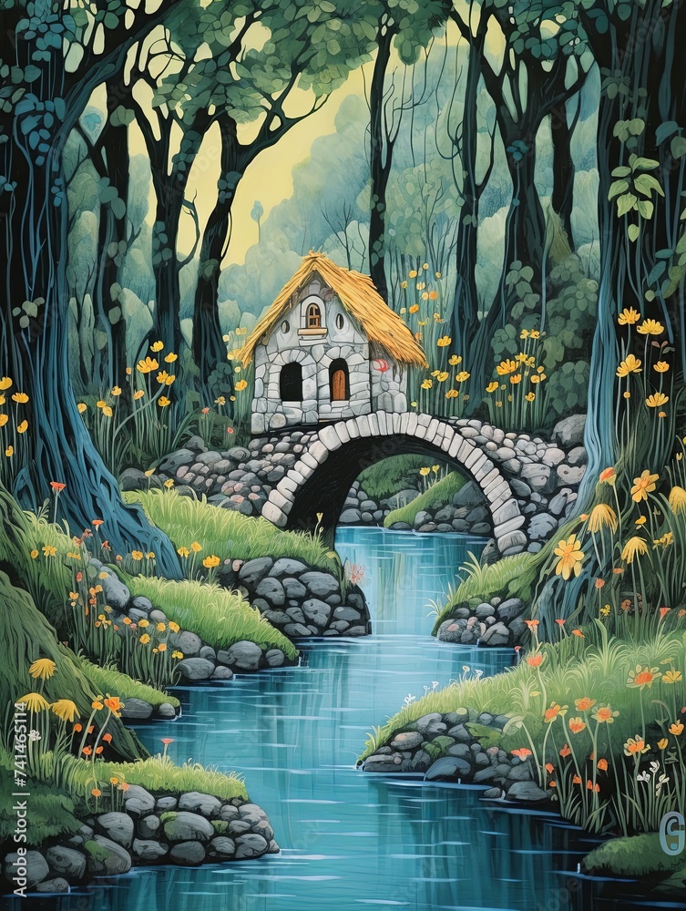Obraz premium Whimsical Fairytale Illustration Prints: Enchanting Riverside Painting and Troll Bridges Forest Wall Art