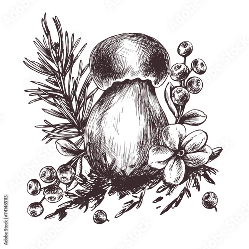 Forest porcini mushroom with larch, lingonberry, moss and cone. Graphic botanical illustration hand drawn in brown ink. For recipes, packaging, autumn festival, harvest. Isolated composition.