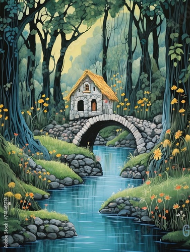 Whimsical Fairytale Illustration Prints: Enchanting Riverside Painting and Troll Bridges Forest Wall Art © Michael