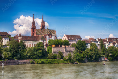 Basel, Switzerland May30 2019: The Old Town of Basel, Munster cathedral and the Rhine river, Switzerland
