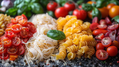 there are many different types of pasta and tomatoes on the table