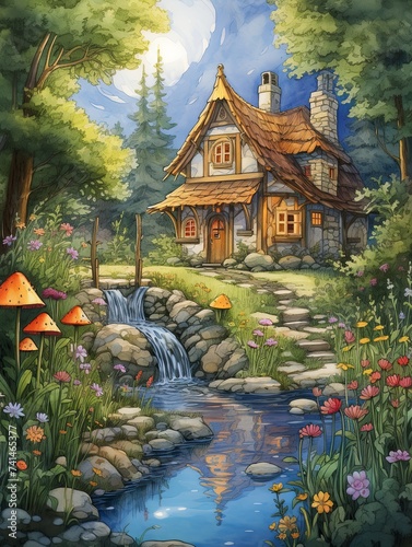 Whimsical Fairytale Illustration Prints: Gnome Homes, Stream and Brook Nature Art - Magical Prints Collection