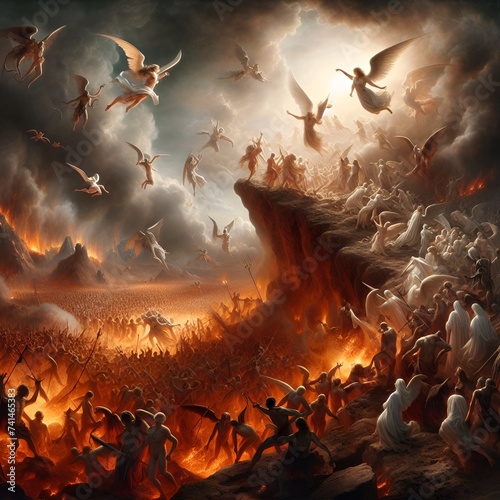 An epic scene of the battle between good and evil. An army of angels in a merciless fight against an army of demons in a surreal hellish environment with lots of fire, smoke and fantastic details