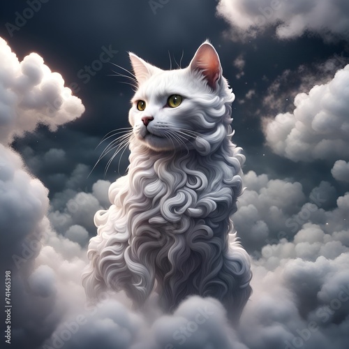  A beautiful white cat made of unusual long hair, sitting on clouds in the blue sky. Angel cat in the sky photo