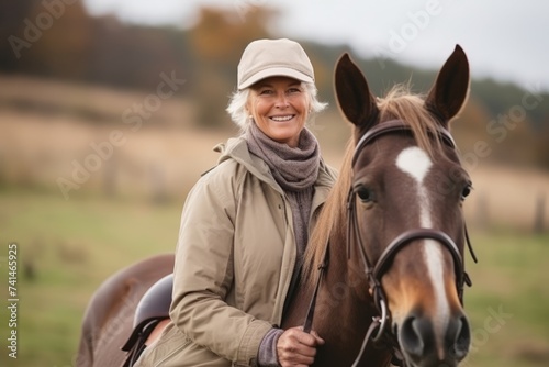 Portrait of happy senior woman with her horse in autumnal field