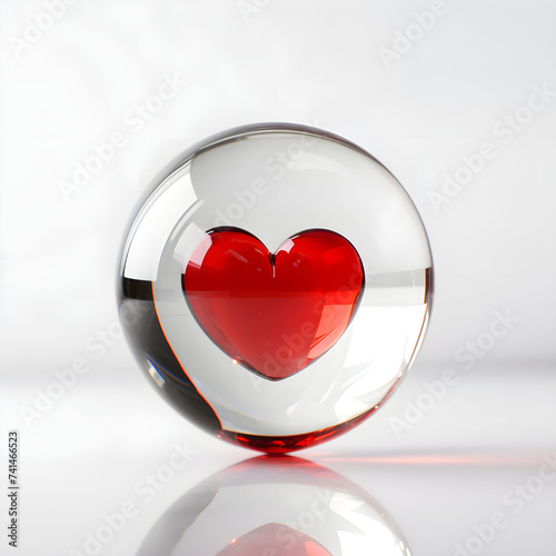 Glass heart merged with glass ball on gray background - Format 1:1