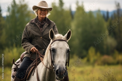Elderly woman in cowboy hat with white horse on nature background