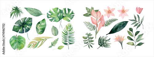 Collection of Watercolor Tropical Leaves, Hand-Painted Green and Yellow Foliage, Isolated Elements for Design © Zaleman