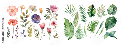 Elegant Collection of Hand-Painted Watercolor Flowers and Lush Green Leaves, Perfect for Invitations, Decorations, and Art