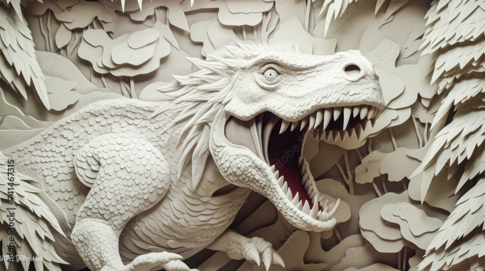 An intricate 3D paper model of a ferocious Tyrannosaurus rex An intricate 3D paper model of a ferocious Tyrannosaurus rex