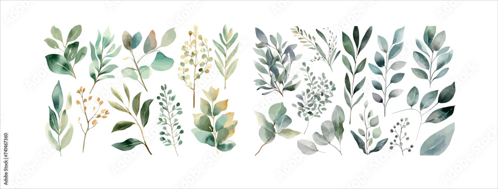Elegant Collection of Watercolor Greenery and Foliage Elements, Perfect for Invitations, Decorations, and Art