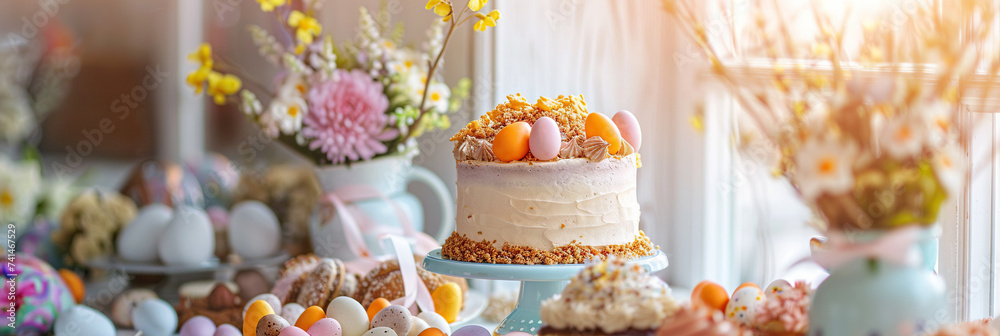 Spring-themed baked goods, including an Easter cake, adorn the festive table, complemented by dried flowers