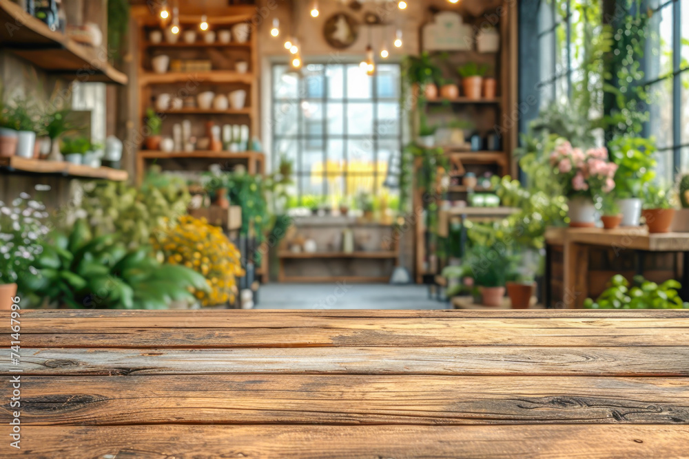 Empty wooden table for montage your products against blurred Cozy interior of sustainable floristic shop. Scene stage showcase for promotion sale or advertising. Front view