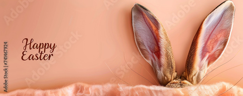 The hare's sticking out of the hole on a peach background. Banner with empty space for text "Happy Easter"