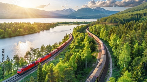 A freight train transporting shipping containers alongside a lush forest on railroad tracks