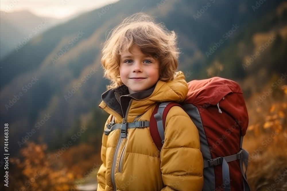 Cute little boy with backpack hiking in the mountains at autumn day Cute little boy with backpack hiking in the mountains at autumn day