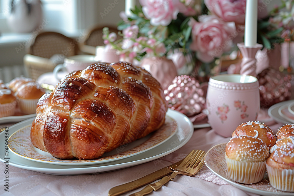 Easter table settings with decorated plates, Easter-themed centerpieces, and delicious dishes like glazed ham, hot cross buns, or decorated cupcakes Easter table settings with decorated plates, Easter-themed centerpieces, and delicious dishes like glazed ham, hot cross buns, or decorated cupcakes