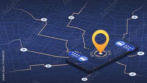 Ordering taxi online with mobile phone app. Internet cab car service on smartphone application. Customer ranking, rating auto ride. Vector illustration on black background
