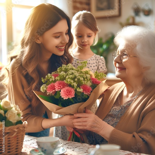Meeting of old and young. A little girl hands a bouquet of beautiful flowers to her old grandmother for her birthday. A scene of true love in a harmonious family