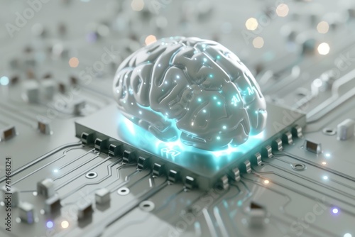 AI Brain Chip epic. Artificial Intelligence brain memory human displayport mind circuit board. Neuronal network digital optimization smart computer processor brain training