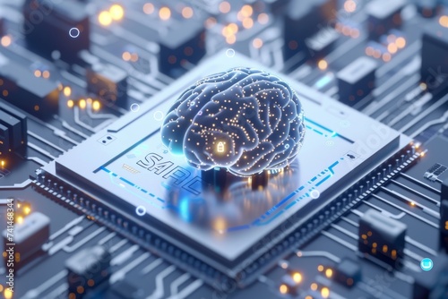 AI Brain Chip chest ct. Artificial Intelligence data loading human neon coral mind circuit board. Neuronal network brainwave monitoring smart computer processor neuroethics photo