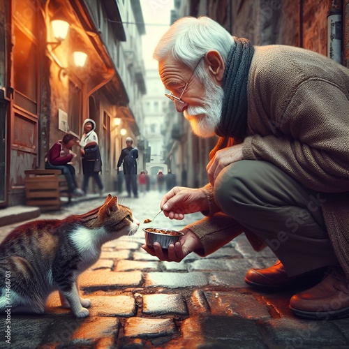 aring for abandoned, street animals. An old man on the street feeds a cat. A picture of goodness and faith in people and humanity towards animals