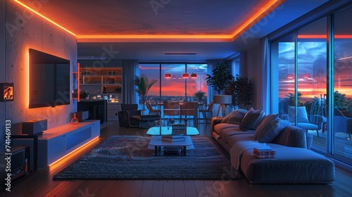 A stylish living room illuminated with neon accent lighting and large windows offering a panoramic view of the city during sunset, exuding modern luxury. © thananop